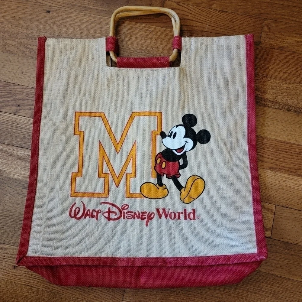 Vintage Disney Mickey Mouse Canvas Burlap Tote Bag with Wooden Handles